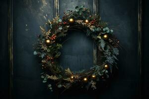 Generative AI, Close up Christmas wreath, dried branches, red berries, pine, balls and flowers on dark moody floral textured background. photo