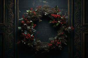 Generative AI, Close up Christmas wreath, dried branches, red berries, pine, balls and flowers on dark moody floral textured background. photo