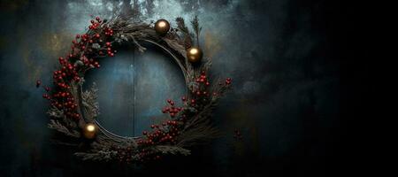 Generative AI, Close up Christmas wreath, dried branches, red berries, pine, balls and flowers on dark moody floral textured background. photo
