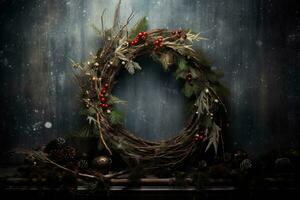 Generative AI, Close up Christmas wreath, dried branches, red berries, pine, balls and flowers on dark moody floral textured background. photo