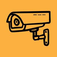 Security camera. CCTV surveillance system. Monitoring, guard equipment, burglary or robbery prevention. Vector illustration isolated on yellow background.