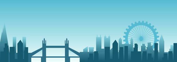 Light blue cityscape background. City buildings with bridge and ferris wheel. Modern architectural panorama in flat style. Vector illustration horizontal wallpaper