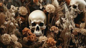 Generative AI, Halloween background with skull, flowers and feathers in boho style, muted neutral colors, home decoration photo