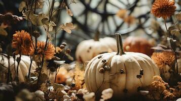 Generative AI, Halloween and Thanksgiving decoration for home and celebration concept, pumpkins and plants, autumn background photo