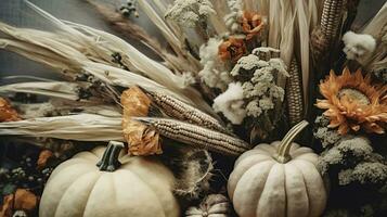 Generative AI, Halloween and Thanksgiving decoration for home and celebration concept, pumpkins and plants, autumn background photo