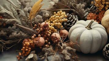 Generative AI, Halloween and Thanksgiving decoration for home and celebration concept, pumpkins and plants, autumn background photo