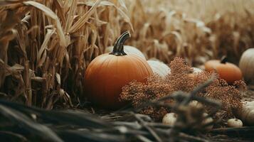 Generative AI, Halloween and Thanksgiving decoration for home and celebration concept, pumpkins and plants, autumn background photo