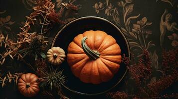 Generative AI, Halloween and Thanksgiving decoration for home and celebration concept, pumpkins and plants, autumn background photo