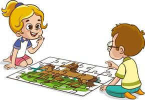 vector illustration of kids playing puzzles