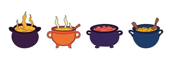 Set of witch cauldron isolated on white background. Halloween cauldron colored outline. Vector illustration.