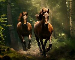 Running Horses in the Forest - Generative AI photo