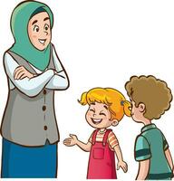 ilustración de un musulmán niña hablando a su niños en blanco antecedentes vector