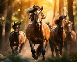 corriendo caballos en el bosque - generativo ai foto
