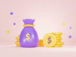 3d render of purple money bag with dollar icon. The pile of coins in cute cartoon style. photo