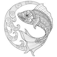 Big fish and sea waves hand drawn for adult coloring book vector