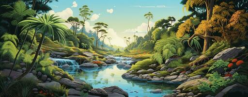 view a forest with river illustration background photo