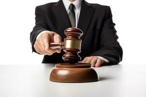 A wooden judge gavel and soundboard isolated on white background the hammer in the hand of the judge photo