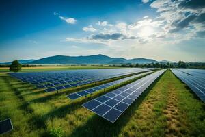 Drone view of solar power station panels photo