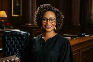 africano americano mujer juez en sala de justicia foto