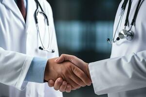 Close up view of doctor touching patient hand showing empty and kindness photo