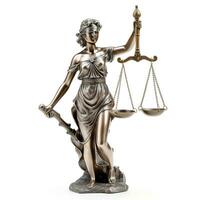 Close up of metal statue of lady justice blindfolded with scales isolated on white photo