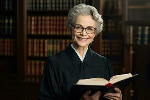 retrato de un mayor hembra juez con libro en sala de justicia foto