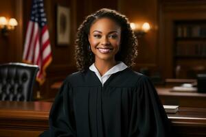 africano americano mujer juez en sala de justicia foto