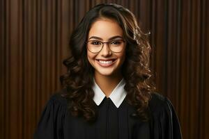 Successful female judge smiling at the camera in a studio photo