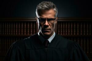 Male judge on dark background with a place for text photo