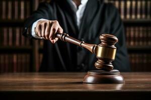 The hammer in the hand of the judge photo