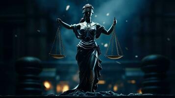 dama de justicia estatua con los ojos vendados guardián aislado en oscuro azul antecedentes con un sitio para texto foto