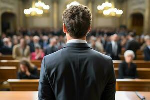 Une avocate vue de dos entre dans un tribunal photo