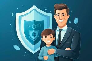 Businessman holding shield protect icon with his child security protection and health insurance photo