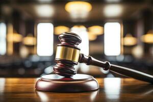 Partial view of blurred judge in robe holding gavel in court photo