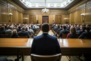 Une avocate vue de dos entre dans un tribunal photo