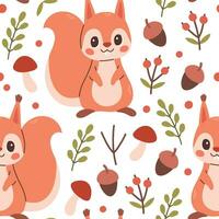 Fall pattern with squirrel. Seamless woodland pattern with leaves and cute forest animal on white background. Vector illustration