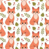 Fall pattern with fox. Seamless woodland pattern with leaves and cute forest animal on white background. Vector illustration