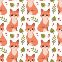 Fall pattern with fox. Seamless woodland pattern with leaves and cute forest animal on white background. Vector illustration