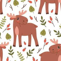 Fall pattern with elk. Seamless woodland pattern with leaves and cute forest animal on white background. Vector illustration