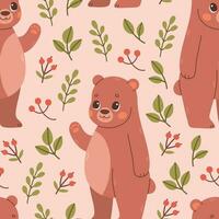 Fall pattern with bear. Seamless woodland pattern with leaves and cute forest animal on pink background. Vector illustration