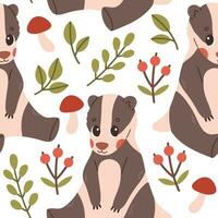 Fall pattern with badger. Seamless woodland pattern with leaves and cute forest animal on white background. Vector illustration