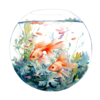 Goldfish swimming in a well-maintained aquarium with algae and corals. Watercolor hand drawn illustration isolated on transparent background, Generative AI png