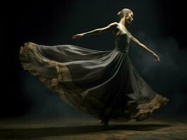 Ballerina Dancing with Silk Fabric, Modern Ballet Dancer in Fluttering Waving Cloth, Pointe Shoes, Dark Background, Generative AI photo