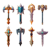 Cartoon weapon icons set with colorful sword and axe for game design isolated transparent background, vector illustration, Generative AI png