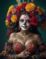 hermosa mujer con pintado cráneo en su cara para de mexico día de el muerto foto
