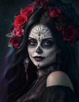 beautiful woman with painted skull on her face for Mexico's Day of the Dead photo