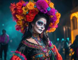 hermosa mujer con pintado cráneo en su cara para de mexico día de el muerto foto