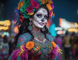 beautiful woman with painted skull on her face for Mexico's Day of the Dead photo