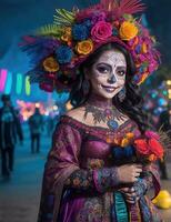 hermosa mujer con pintado cráneo en su cara para de mexico día de el muerto foto