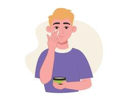 Skin care. Man applies face cream. Vector graphic.